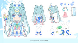  1girl a_li_mo absurdres blue_bow blue_eyes blue_hair blue_kimono blue_sash blue_socks bow chibi chibi_only chinese_commentary closed_mouth commentary_request copyright_notice double-parted_bangs frilled_skirt frills full_body hair_between_eyes hair_bow hatsune_miku highres japanese_clothes kimono kneehighs long_hair long_sleeves looking_at_viewer multiple_views obi pink_sandals pink_skirt rabbit_yukine reference_sheet sandals sash skirt smile socks standing twintails very_long_hair vocaloid wand wide_sleeves yuki_miku 