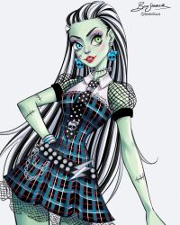  1girl belt bestedraws black_belt black_hair black_necktie blue_eyes bracelet character_name collared_dress colored_skin dress earrings eyeshadow fishnet_sleeves fishnets frankie_stein green_eyes green_skin heterochromia highres jewelry long_hair looking_at_viewer makeup monster_high monster_high_(g1) multicolored_hair necktie plaid_clothes plaid_dress polka_dot_necktie purple_eyeshadow short_sleeves signature simple_background skull_earrings sleeveless sleeveless_dress solo stitched_arm stitched_face stitched_neck stitches striped_hair two-tone_hair two-tone_necktie white_background white_necktie 
