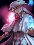  1girl blue_fire capelet crescent dress fire floating_skull hair_ribbon half-closed_eyes hat inishie_kumo long_sleeves looking_at_viewer patchouli_knowledge purple_hair ribbon solo striped striped_dress touhou tress_ribbon violet_eyes 
