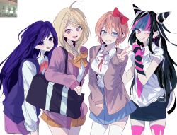  4girls :d :p ;p absurdres ahoge akamatsu_kaede arm_warmers bag black_bag black_hair black_skirt blazer blonde_hair blue_skirt blue_streaks blush bow bright_pupils brown_sweater_vest collared_shirt colored_skin commentary danganronpa_(series) danganronpa_2:_goodbye_despair danganronpa_v3:_killing_harmony doki_doki_literature_club doki_doki_literature_club_school_uniform ear_piercing gloves hair_bow hair_horns hair_ornament highres jacket llie_137 long_hair long_sleeves mari_(headspace)_(omori) mari_(omori) mioda_ibuki multicolored_hair multiple_girls multiple_piercings musical_note musical_note_hair_ornament neck_ribbon neckerchief necktie omori one_eye_closed open_mouth orange_bow orange_necktie piercing pink_hair pink_neckerchief pink_streaks pink_sweater_vest pink_vest purple_hair purple_skirt purple_sweater_vest red_bow red_necktie red_ribbon ribbon sayori_(doki_doki_literature_club) school_uniform sequential_piercings shirt shoulder_bag skirt smile socks standing streaked_hair striped_clothes striped_gloves sweater_vest thigh-highs tongue tongue_out torn_clothes torn_thighhighs untranslatable_commentary v vest violet_eyes white_background white_shirt white_skin white_streaks zettai_ryouiki 