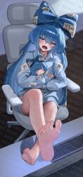  1girl absurdres alternate_costume bangle barefoot blue_bow blue_eyes blue_hair blue_shirt bow bracelet chair character_and_character_item character_doll chinese_commentary collared_shirt commentary_request computer_keyboard crossed_legs doll drooling feet_on_table fumo_(doll) hair_bow highres jewelry long_hair mouth_drool on_chair one_eye_closed shirt sitting sleepy soles solo swivel_chair tian_zhong_gong_yan toes too_many_watermarks touhou very_long_hair watermark watermark_grid yawning yorigami_shion 