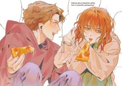  1boy 1girl absurdres blush brown_hair cowboy_shot crossed_arms english_text food green_eyes highres holding holding_food holding_pizza hood hood_down hoodie hugging_own_legs jacket jean_grey knees_up layered_clothes looking_at_another looking_to_the_side marvel orange_hair pants peter_parker pizza pizza_slice short_hair sitting smile speech_bubble spider-man:_brand_new_day spider-man_(series) sweat talking very_short_hair w2rom white_background 