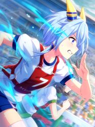  2girls absurdres animal_ears artist_request asymmetrical_bangs audience aura bare_arms blue_eyes blue_fire blue_hair blue_shorts blue_sky brown_hair card_commentary clenched_hand clenched_teeth clouds commentary cowboy_shot daiichi_ruby_(umamusume) day determined dutch_angle ear_covers ear_ornament fire from_side furrowed_brow game_asset green_shorts gym_shorts hair_over_one_eye hair_tubes highres horse_ears horse_girl k.s.miracle_(umamusume) long_hair motion_blur motion_lines multiple_girls official_art outdoors puffy_short_sleeves puffy_sleeves racing railing ringlets running shirt short_hair_with_long_locks short_shorts short_sleeves shorts single_hair_tube single_sidelock sky solo_focus speed_lines sportswear sweat teeth thigh-highs third-party_source umamusume very_long_hair white_shirt white_thighhighs wide-eyed 