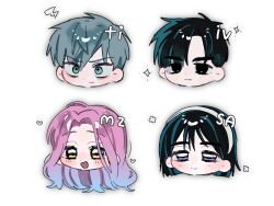  2boys 2girls alien_stage black_eyes black_hair blue_hair character_name chibi chibi_only commentary frown green_eyes grey_hair hairband head_only highres ivan_(alien_stage) lightning_bolt_symbol mizi_(alien_stage) multicolored_hair multiple_boys multiple_girls pink_hair s4wqb short_hair smile sua_(alien_stage) thick_eyebrows till_(alien_stage) two-tone_hair very_short_hair violet_eyes white_background white_hairband yellow_eyes 