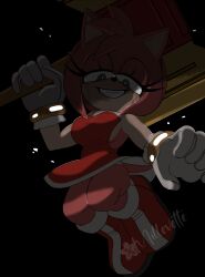  1girl amy_rose animal_ears animal_nose artist_name bare_shoulders black_background body_fur boots bracelet breasts dark dress floating full_body furry furry_female gloves green_eyes grin half-closed_eye half-closed_eyes hammer hand_up happy hedgehog highres holding holding_hammer holding_weapon huge_weapon jewelry jumping knee_boots large_breasts looking_at_viewer medium_breasts millevette over_shoulder pink_fur pink_hair red_dress shoes short_dress short_hair sideboob sidelocks sideways_mouth simple_background sleeveless sleeveless_dress smile solo sonic_(series) teeth thighs weapon weapon_over_shoulder white_gloves 