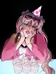  1girl angel_(killer_chat) blonde_hair blue_eyes blush bracelet cupcake double_bun dress food gradient_hair hair_bun half-closed_eyes hands_on_own_face hat hatchetclownguy highres jacket jewelry killer_chat! multicolored_hair party_hat pink_hair pink_jacket see-through_clothes see-through_jacket smile solo teeth twintails unfinished upper_body variant_set white_dress 