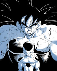  alien amayuki318 angry armor bandana bardock black_background black_hair black_lips blood blood_from_mouth blood_on_chest blood_on_face blood_on_shoulder broad_shoulders broken_armor clenched_teeth collarbone commentary_request dragon_ball dragon_ball_z facial_mark final_form_frieza frieza highres injury looking_at_viewer muscular muscular_male partially_colored pectorals saiyan_armor simple_background teeth thick_eyebrows thick_neck upper_body 