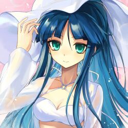  1girl aqua_eyes arm_up back_ribbon bikini blue_hair blunt_bangs commentary hand_on_own_hat hat highres jacket long_hair long_sidelocks looking_at_viewer minato_hikaru o-ring o-ring_bikini pandemonic_planet_(wmzplanet) pink_background portrait ribbon see-through_clothes see-through_jacket sidelocks smile solo soukou_akki_muramasa sun_hat swimsuit untranslatable_commentary white_bikini white_hat white_jacket white_ribbon 