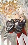  1boy 1girl blonde_hair blue_eyes bow carrying chandelier coat dress formal from_below gloves hair_bow long_hair looking_down mikurou_(nayuta) original princess_carry red_eyes silver_hair smile striped striped_legwear vertical-striped_legwear vertical_stripes white_gloves 