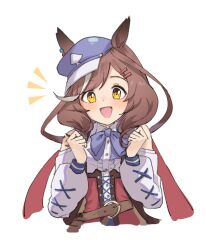  1girl animal_ears bare_shoulders belt_bag blue_bow blue_hat blush bow breasts brown_hair center_frills clothing_cutout corset ears_through_headwear frills hair_ornament hairclip hat highres horse_ears horse_girl looking_at_viewer matikanetannhauser_(clippety-tippety-clop)_(umamusume) matikanetannhauser_(umamusume) medium_hair multicolored_hair newsboy_cap open_mouth parallel_hairclips profnote red_corset shirt shoulder_cutout simple_background smile solo streaked_hair tilted_headwear umamusume upper_body white_background white_shirt yellow_eyes 