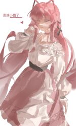  1girl absurdres animal_ears artist_name belt black_belt black_ribbon bow bow_choker bowtie bra_strap brown_eyes buttons cat_ears center_frills chinese_commentary chinese_text choker closed_mouth collarbone commentary_request cowboy_shot eyelashes fake_animal_ears frilled_skirt frilled_sleeves frills hair_ribbon hand_in_own_hair heart high-waist_skirt highres infinity_nikki layered_skirt light_blush long_hair long_sidelocks long_sleeves looking_at_viewer low_twintails medium_skirt nikki_(nikki) nikki_(series) off-shoulder_shirt off_shoulder perfect_start_(infinity_nikki) pink_bow pink_bowtie pink_choker pink_hair pink_skirt puffy_long_sleeves puffy_sleeves ribbon shirt sidelocks simple_background single_stripe skirt sleeves_past_wrists snowflakes standing striped_choker surprised translation_request tress_ribbon twintails very_long_hair white_background white_shirt white_skirt xiaoyunie 