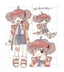  1girl :3 :d ;) ;3 ^_^ ahoge blue_necktie blue_shorts blunt_bangs blush_stickers brown_hair closed_eyes closed_mouth collared_shirt commentary_request dot_nose full_body grid_background happi hat imadake_dabuchi_tabemi japanese_clothes mcdonald's multiple_views necktie nishida_yume one_eye_closed open_mouth own_hands_clasped own_hands_together red_hat red_shoes shirt shoes short_hair short_sleeves short_twintails shorts smile socks standing striped_clothes striped_shirt tie_clip translation_request twintails vertical-striped_clothes vertical-striped_shirt visor_cap white_background white_shirt white_socks yellow_happi 