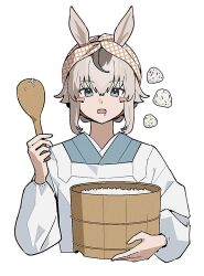  1girl animal_ears apron blue_eyes blush bucket commentary_request drooling grey_hair hair_between_eyes headscarf highres holding holding_spoon horse_ears horse_girl long_hair long_sleeves mouth_drool multicolored_hair oguri_cap_(umamusume) open_mouth oromnt rice saliva solo spoon umamusume white_apron wooden_bucket 