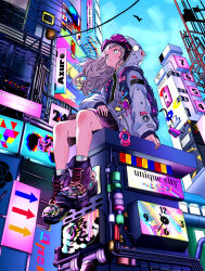 1girl bird blue_eyes blue_sky city commentary english_commentary from_below goggles goggles_on_head hood jacket long_sleeves looking_up open_mouth original puffy_long_sleeves puffy_sleeves saike_derikku shoes sitting sky sneakers solo