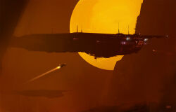  aircraft airship artist_logo commentary english_commentary eve_online fictional_aircraft flying georg_hilmarsson glowing logo no_humans orange_theme radio_antenna scenery science_fiction sky star_(sky) 