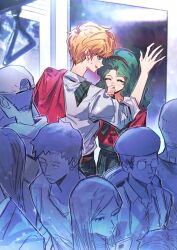  2girls against_door against_glass belt bishoujo_senshi_sailor_moon blonde_hair blue_eyes blush commentary covering_own_mouth facing_another green_hair hand_on_window hand_over_own_mouth headband highres jacket jacket_on_shoulders kaiou_michiru long_hair multiple_girls necktie_over_shoulder pants people protecting red_jacket ribbon shielding_another_with_body shirt short_hair skirt sleeves_rolled_up sweat ten'ou_haruka train train_interior untranslatable_commentary very_short_hair wavy_hair white_shirt yumi_xsh yuri 