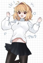  1girl 710_ao :d antenna_hair arcueid_brunestud black_pantyhose blonde_hair blue_skirt breasts clenched_hands clothes_lift highres jewelry jumping large_breasts leg_lift looking_at_viewer midriff_peek miniskirt navel necklace pantyhose plaid_clothes plaid_skirt red_eyes short_hair simple_background single_hair_intake skirt smile solo standing standing_on_one_leg sweater sweater_lift tsukihime tsukihime_(remake) turtleneck turtleneck_sweater white_sweater 