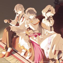  4girls ankle_strap arlecchino_(genshin_impact) arlecchino_(the_final_gift)_(genshin_impact) artist_name bare_shoulders barefoot bedroom black_bow black_eyes black_gloves black_hair black_pants black_shoes blanket blonde_hair blue_eyes blunt_bangs bow breasts brown_hair carpet clenched_hands clenched_teeth closed_eyes closed_mouth collared_shirt colored_inner_hair columbina_(genshin_impact) columbina_(the_final_gift)_(genshin_impact) commentary_request crossed_legs cup dress dress_bow empty_eyes eye_mask feathered_wings flower frills full_body genshin_impact gloves gradient_hair hair_flower hair_ornament hair_over_one_eye hair_tubes hand_on_own_stomach hands_up hat head_wings highres holding holding_cup indoors leaf_hair_ornament long_dress long_hair long_sleeves looking_at_another looking_down lying lying_on_lap mask medium_breasts medium_dress mob_cap multicolored_hair multiple_girls multiple_wings no_shoes off-shoulder_dress off_shoulder official_alternate_costume official_alternate_hairstyle on_back on_bed open_clothes open_mouth open_shirt pants pillow pink_hair puffy_long_sleeves puffy_sleeves red_pupils red_slippers ribbon rose sandrone_(genshin_impact) sandrone_(the_final_gift)_(genshin_impact) shadow shirt shoes short_hair sidelocks signora_(genshin_impact) signora_(the_final_gift)_(genshin_impact) sitting sleeveless sleeveless_dress slippers smile socks sweatdrop symbol-shaped_pupils tea teacup teeth trinorun two-tone_hair very_long_hair watermark wavy_hair white_bow white_dress white_flower white_hair white_hat white_mask white_ribbon white_rose white_shirt white_socks wings wrist_ribbon x-shaped_pupils x_hair_ornament 