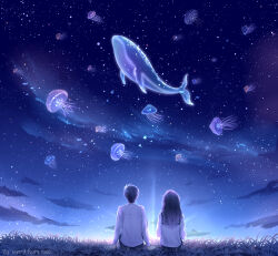  1boy 1girl clouds commentary_request cool_colors diffraction_spikes from_behind grass guiyi_tonghua highres jellyfish long_hair night original outdoors sailor_collar scenery shirt short_hair side-by-side simple_fish sitting sky star_(sky) starry_sky surreal tall_grass whale white_shirt wide_shot 