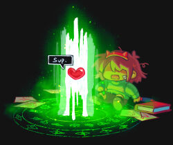  1other androgynous bandage_on_face bandages bandaid bandaid_on_cheek bandaid_on_face black_background black_shorts book brown_hair chibi deltarune english_text fake_horns gaida gameplay_mechanics green_shirt green_sweater hairband holding horns kris_(deltarune) long_sleeves magic_circle open_mouth pink_hair red_hairband red_soul_(utdr) shirt short_hair shorts simple_background sitting socks solo soul_(utdr) speech_bubble striped_clothes striped_shirt striped_sweater summoning sweater utdr_(toby_fox) 