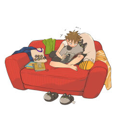  1girl bag barefoot bee brown_hair bug couch genderswap genderswap_(mtf) hair_tie huangshi_(papa_wolf) langwang_(papa_wolf) magazine_(object) nail_polish official_art open_mouth oshikatsu papa_wolf_and_the_puppy reading rushi_(mousang) simple_background slippers smile solo spiky_hair stuffed_animal stuffed_toy toenail_polish toenails tote_bag white_background wolf 