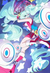  1girl aqua_eyes aqua_hair belt blue_background boots charorudo_0818 commentary dress dynamic_pose from_side full_body gradient_background hair_between_eyes hair_ribbon hatsune_miku headset highres holding holding_wand knee_boots leg_up long_hair looking_at_viewer magical_mirai_(vocaloid) magical_mirai_miku magical_mirai_miku_(2022) multicolored_boots ribbon short_dress sidelocks sleeveless sleeveless_dress solo star_(symbol) star_wand twintails two-tone_boots two-tone_dress very_long_hair vocaloid waist_ribbon wand watermark 