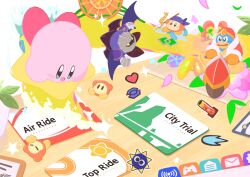 armor bandana bandana_waddle_dee bat_wings blue_bandana blush_stickers colored_skin commentary_request english_text gloves gordo heart highres holding holding_polearm holding_weapon king_dedede kirby kirby_(series) kirby_air_ride kirby_air_riders kitaro_(phvw8558) orange_gloves pauldrons petals pink_skin polearm shadow_star shoulder_armor sparkle spear twitter_username waddle_dee warp_star weapon wheelie_(kirby) wing_star wings 