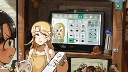  3girls absurdres bird black_hair blonde_hair blue_eyes chicken controller diva_(hyxpk) dress duck earrings english_commentary eyelashes game_console game_controller grey_eyes highres jewelry long_hair monitor multiple_girls original short_hair steering_wheel stud_earrings yellow_dress 