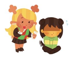  1girl 1other :d animal_ears animal_nose antlers black_skirt black_sleeves blonde_hair blush bone brown_fur brown_hair brown_pants brown_shoes checkered_clothes checkered_sweater_vest colored_skin deer_antlers deer_ears deer_girl deltarune dog_ears dog_tail flying_sweatdrops freckles furry furry_female green_sweater hand_on_own_face highres holding holding_bone hooves horns kemonomimi_mode kris_(deltarune) long_hair long_sleeves medium_hair mifune_takashi_(style) noelle_holiday open_mouth pants reigobun shaded_face shirt shoes simple_background sitting skirt smile striped_clothes striped_sweater sweater sweater_vest tail utdr_(toby_fox) white_background white_shirt white_wrist_cuffs wrist_cuffs yellow_skin 