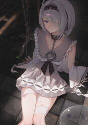  1girl absurdres bandaged_leg bandages bandaid bandaid_on_leg black_hairband black_survival blue_eyes brown_collar collar collarbone commentary cuffs cuts dress english_commentary eternal_return:_black_survival eyepatch feet_out_of_frame frilled_dress frills ghost grey_dress hairband highres injury looking_at_viewer medium_hair molyb sissela_(black_survival) sitting sleeveless sleeveless_dress solo white_hair wilson_(black_survival) 