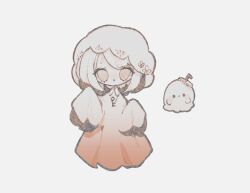  1girl alternate_costume arms_up bendy_straw blush chibi closed_mouth collared_dress commentary cup disposable_cup dot_mouth dress drinking_straw floating floral_print ghost ghost_girl gradient_clothes gradient_dress jewelry key key_necklace lid light_blush naiguozi necklace original oversized_clothes oversized_dress short_eyebrows short_hair sleeves_past_fingers sleeves_past_wrists thick_eyebrows untranslatable_commentary veil white_background white_eyes white_hair white_veil wide_sleeves 
