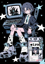  1girl aqua_necktie arkestar asymmetrical_hair bandaid bandaid_on_knee bandaid_on_leg black_hair black_jacket black_skirt chair character_name closed_mouth collared_shirt computer computer_keyboard dot_nose english_commentary expressionless eyeliner hair_ornament hairclip hand_on_own_knee highres id_card iwakura_lain jacket long_sleeves looking_at_viewer makeup necktie on_chair pink_eyeliner pink_eyes ribbed_socks serial_experiments_lain shirt shoes short_hair simple_background single_sidelock sitting skirt socks solo star_(symbol) swivel_chair the_pirate_bay white_shirt white_socks x_hair_ornament 