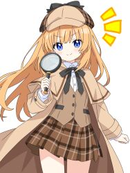  1girl black_bow black_bowtie blonde_hair blue_eyes blush bow bowtie brown_capelet brown_coat brown_hat brown_skirt brown_vest buttons capelet closed_mouth coat commentary_request cowboy_shot dot_nose hat highres holding holding_magnifying_glass kotatsu-mazoku long_hair long_sleeves looking_at_viewer magnifying_glass miniskirt newsboy_cap notice_lines open_clothes open_coat original pleated_skirt sidelocks simple_background skirt smile solo v-shaped_eyebrows vest white_background 