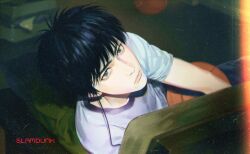  1boy ball basketball_(object) closed_mouth commentary copyright_name earphones green_eyes highres male_focus rukawa_kaede shirt sitting slam_dunk_(series) solo t-shirt untranslatable_commentary upper_body white_shirt zxs1103 
