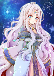 1girl ahoge artist_logo blue_dress blue_eyes blush dress fingernails fire_emblem fire_emblem:_thracia_776 highres logo long_hair long_sleeves looking_at_viewer pata_(teihanpatsu) purple_hair sara_(fire_emblem) sky sleeves_past_fingers sleeves_past_wrists solo star_(sky) starry_sky tiara upper_body wavy_hair wide_sleeves 
