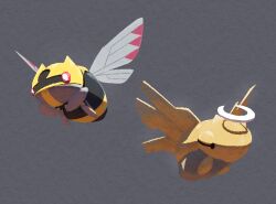  black_eyes bug cicada claws commentary ewokakukaede exoskeleton flying grey_background halo insect_wings ninjask no_humans pokemon pokemon_(creature) pokemon_focus red_eyes shedinja untranslatable_commentary wings 