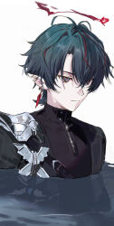  1boy arknights arknights:_endfield armor bishounen black_jacket black_sweater blood blood_halo camille_(arknights) chinese_commentary commentary_request crystal_earrings earrings expressionless green_eyes green_hair halo highres jacket jewelry liquid_halo male_focus multicolored_hair pako_(pakosun) parted_bangs partially_submerged pauldrons pinstripe_jacket pinstripe_pattern pointy_ears red_streaks short_hair shoulder_armor simple_background single_pauldron solo spiked_halo streaked_hair sweater turtleneck turtleneck_sweater upper_body vampire white_background 