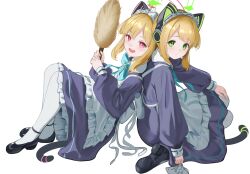  2girls absurdres animal_ear_headphones animal_ears apron black_dress blonde_hair blue_archive blue_bow blue_bowtie blush borrowed_clothes bow bowtie cat_ear_headphones cat_ears cat_tail closed_mouth commentary dress duster expressionless fake_animal_ears fake_tail frilled_apron frills full_body green_eyes green_halo halo headphones highres holding holding_duster leaning_on_person long_sleeves looking_at_viewer maid maid_apron maid_headdress mary_janes midori_(blue_archive) midori_(maid)_(blue_archive) momoi_(blue_archive) momoi_(maid)_(blue_archive) multiple_girls official_alternate_costume open_mouth pantyhose pink_halo seeyouu73 shoes short_hair siblings simple_background sisters sitting tail twins untranslatable_commentary white_apron white_background white_pantyhose 
