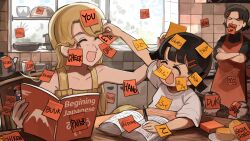 3girls :d absurdres annoyed apron ash_ketchum bird black_hair black_shirt blonde_hair book character_sticker chicken closed_eyes cup diva_(hyxpk) dress duck english_commentary english_text frying_pan highres holding holding_pencil long_hair multiple_girls original pencil pokemon pokemon_(anime) red_apron shirt short_hair smile sticker sticky_note typo white_shirt yellow_dress 