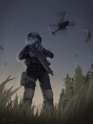  1girl absurdres aircraft ammunition_pouch artist_name black_jacket black_pants black_pantyhose blue_hair closed_mouth combat_helmet from_below full_body gloves grass gun headset helicopter helmet highres holster jacket klamol knee_pads looking_to_the_side military night original pants pantyhose pouch red_eyes rifle scope sky sniper_rifle solo standing star_(symbol) tactical_clothes tactical_gloves thigh_holster tree weapon weapon_request 