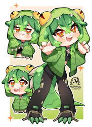  1girl animal_hood black_shorts broken broken_chain chain chain_leash crocodile_girl crocodilian_tail green_hair green_hoodie hair_between_eyes hood hoodie indie_virtual_youtuber kloe_kroc leash liquid_hair multiple_views myusagii open_mouth orange_eyes pantyhose sharp_teeth short_hair shorts solo tail teeth virtual_youtuber 