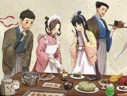  0shlkatsu 2boys 2girls ace_attorney apple apron aqua_kimono armor baking_sheet banana black_eyes black_hair black_hakama blue_kimono bowl brown_hair brown_haori cake cake_slice cherry closed_eyes closed_mouth commentary_request cookie cup dango dorayaki drinking_glass floral_print floral_print_kimono flour food fork fruit green_haori grey_background grey_kimono hair_ornament hair_rings hakama hakama_pants hand_on_own_head hand_up hands_up haori highres holding holding_fork holding_tray hurricane_glass ice_cream icing japanese_armor japanese_clothes jar kimono kote long_hair long_sidelocks looking_at_food low-tied_sidelocks maid_apron matcha_(food) maya_fey mixing_bowl momiji_manjuu multiple_boys multiple_girls multiple_scoops namagashi nerikiri open_mouth pants pastry_bag phoenix_wright plate powdered_sugar print_kimono pudding red_bean_paste ryunosuke_naruhodo scratching_cheek sherbet_cup shirt shirt_under_kimono short_hair sidelocks smile sparkle sphere_hair_ornament spoon standing steamed_bun susato_mikotoba table teapot the_great_ace_attorney thumbprint_cookie time_paradox tray updo wagashi waist_apron whisk white_apron white_hakama white_shirt wooden_table yellow_haori yunomi 
