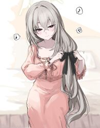  1girl absurdres bed bedroom blue_archive blush commentary_request crossed_bangs dress grey_hair hair_between_eyes halo highres indoors inotukuhito long_hair long_sleeves musical_note on_bed pajamas sakurako_(blue_archive) smile solo spoken_musical_note violet_eyes 