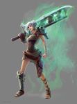  1girl artist_name breasts brown_eyes ewalabak gauntlets grey_background highres league_of_legends lips riven_(league_of_legends) short_hair simple_background solo white_hair 