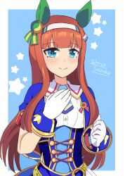  1girl absurdres animal_ears blue_corset blue_jacket blue_necktie blunt_bangs blush character_name closed_mouth corset criss-cross_strings cropped_jacket ear_covers glorious_azure_costume_(umamusume) hair_ornament hairband highres hime_cut horse_ears horse_girl jacket long_hair long_sleeves looking_at_viewer mgr3na2sup_6 necktie orange_hair shirt short_necktie silence_suzuka_(umamusume) skirt smile solo star_(symbol) umamusume white_hairband white_shirt 