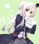  1girl blush green_background long_hair mishima_kurone oversized_clothes red_eyes simple_background sleeves_past_wrists solo translated very_long_hair white_hair 