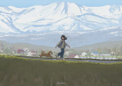 1girl absurdres animal ariake_(shiroan_koshian) artist_name black_hair blue_pants building day dog grey_jacket highres hood hooded_jacket house jacket mountain open_clothes open_jacket original outdoors pants path running scenery shiba_inu shirt shoes sneakers solo spring_(season) striped_clothes striped_shirt town white_shoes 