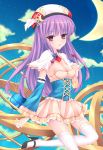  1girl alternate_costume breasts cleavage crescent dress fred0092 highres long_hair looking_at_viewer patchouli_knowledge purple_hair smile solo thighhighs touhou violet_eyes wrist_cuffs 
