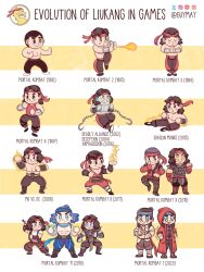  1girl age_progression bandana black_hair blue_hair brown_hair chain character_name chibi coat dougi english_text fighting_stance fire guymay headband highres hood liu_kang male_focus mortal_kombat_(series) multiple_boys muscular muscular_male pectorals progression smile standing topless_male 