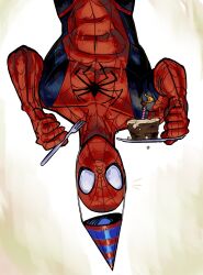  1boy absurdres animal_print birthday_cake bodysuit cake commentary food fork hat highres holding holding_fork holding_plate marvel mask multicolored_bodysuit painterly party_hat plate print_bodysuit red_bodysuit sashasux simple_background spider-man spider-man:_brand_new_day spider-man_(series) spider_print spider_web_print superhero_costume two-tone_bodysuit untranslatable_commentary upper_body upside-down 